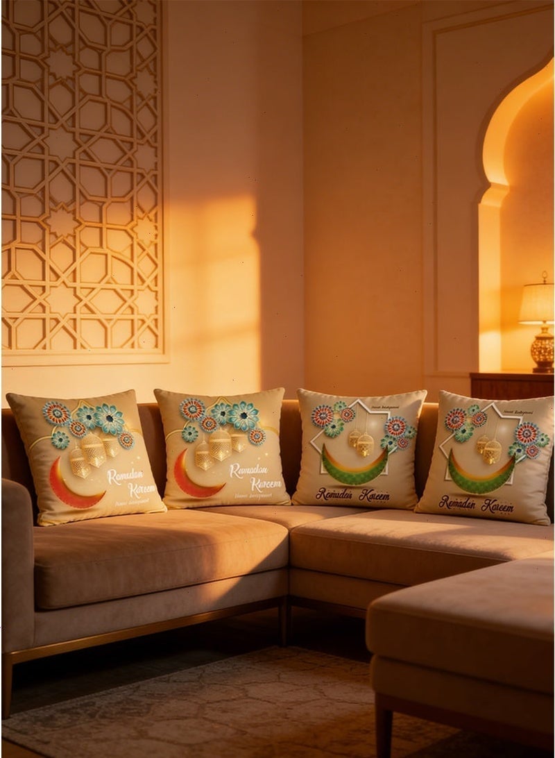 Yoawllty Ramadan Cushion Covers, 4Pcs Ramadan Pillowcase, Red and Green Moon Pillow Covers for Home Sofa Bed Headrest - Image 2